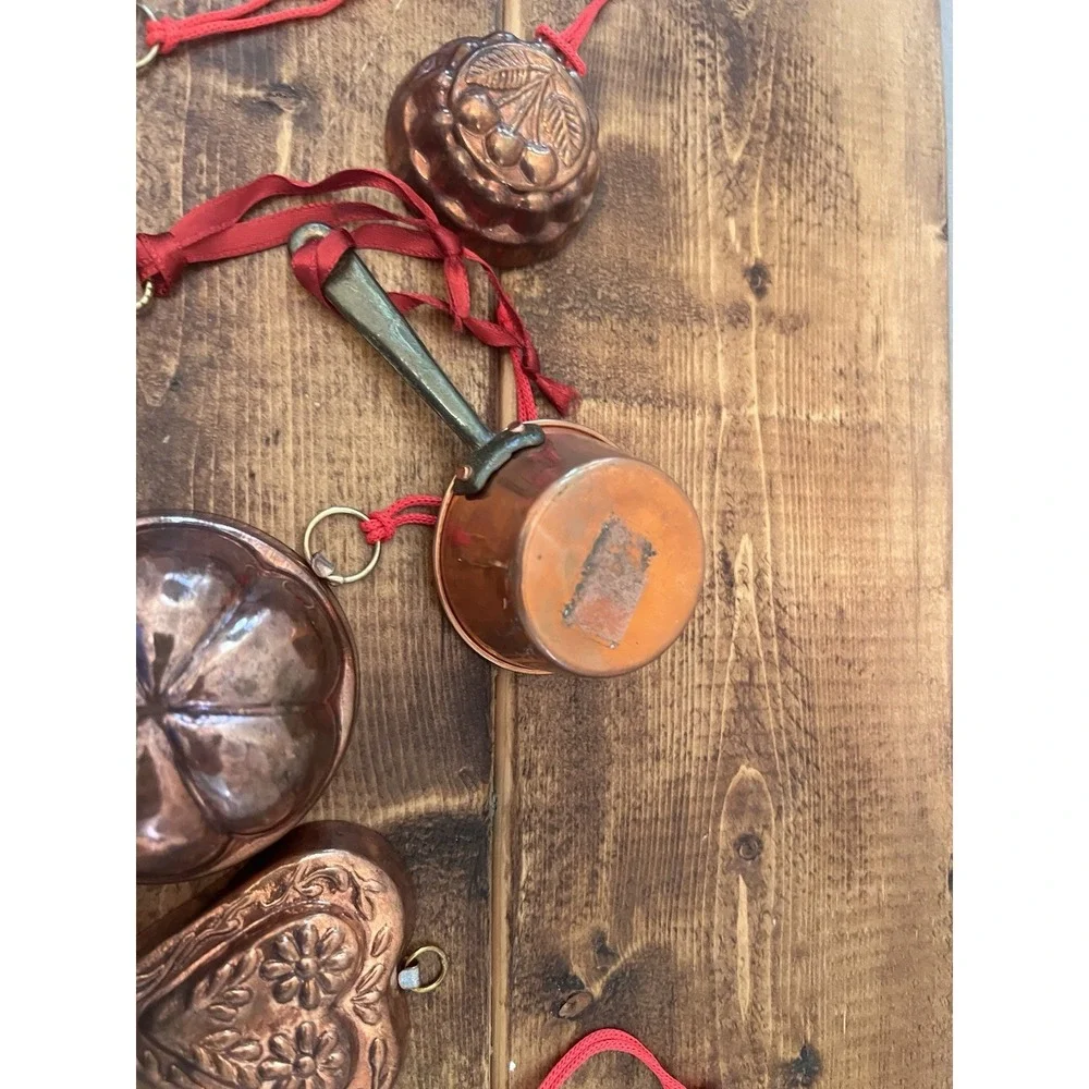 Set 8 Vintage Copper Kitchen Christmas Ornaments Colander Heart Pan Skillet Pots